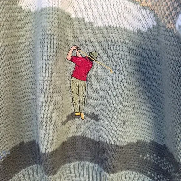 Vintage 80s Campus Green Golf Crewneck Sweater AOP Rare Acrylic Men's Size XL - Picture 2 of 9